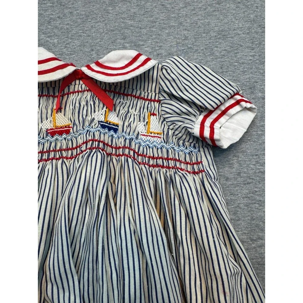 Vintage 1980s Girls Sailor Dress Smocked Nautical Striped Handmade Approx 4T
